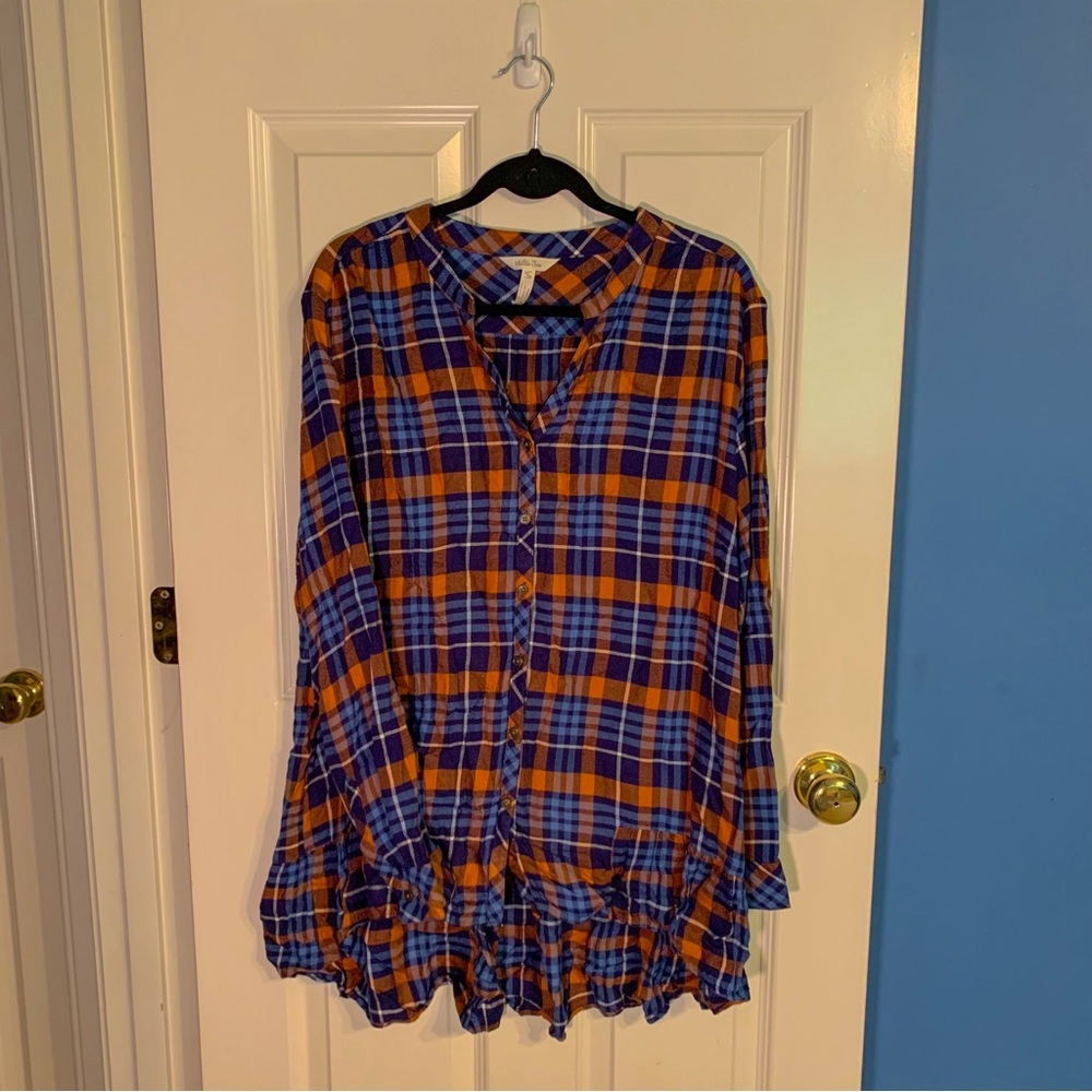 Matilda Jane women’s size extra large orange blue white plaid button down shirt
